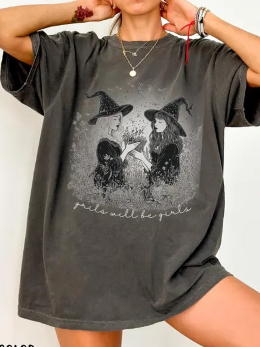 Comfort Colors Washed Black 'Girls Will Be Girls' Witch Graphic Tee